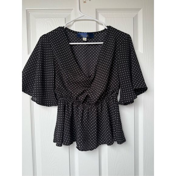 Blue Rain Blouse Small Women's Black White Polka Dot Babydoll Knot Front - Picture 1 of 5